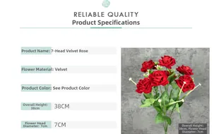 Detail view of 7-head red velvet roses bouquet with 38cm height and 7cm flower diameter