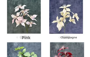 Detail showing multi-color lifelike artificial flowers in pink, champagne, and red