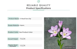 Detailed dimensions of 3-head faux lily showing 75cm height and 15cm flower diameter