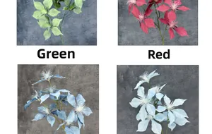 Detailed close-up of 7-head artificial poinsettia silk flowers in four vibrant colors