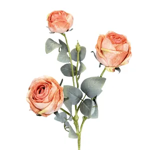 Three-head vintage champagne artificial rose bouquet with realistic green leaves for home decor