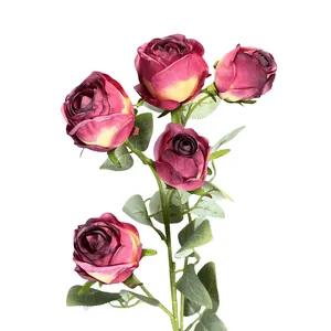 Five-head faux Milan roses in deep red and yellow gradient for home and wedding decor