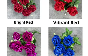 Detail of four velvet rose bouquets in dark red, bright red, purple and deep blue colors