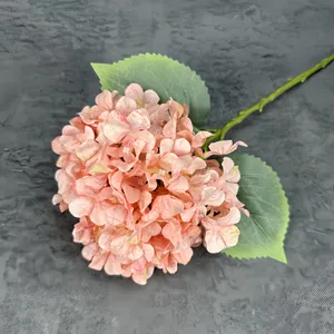 Realistic light pink hydrangea artificial flower with green leaves for home decor