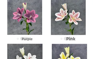 Detailed close-up of 3-head 3D artificial lily flowers in purple red and pink colors