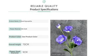 Detailed size specifications for 70cm 4-head artificial silk Eustoma Lisianthus flower