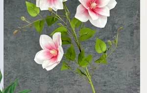 Macro detail of 3D printed clematis with pink gradient petals and natural leaf texture