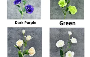 Detailed view of four artificial Eustoma lisianthus colors in purple, green, and cream