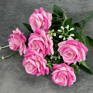 Lifelike pink velvet rose bouquet with green leaves for wedding and home decoration