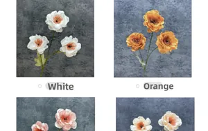 Detailed grid view of artificial gardenia flowers in white, orange, and champagne colors