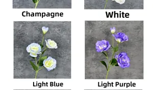 Artificial lisianthus flowers shown in champagne, white, light blue and light purple hues