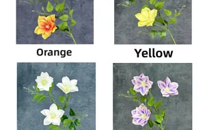 Detailed comparison of 3D printed artificial clematis flowers in orange, yellow, and purple