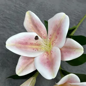 Realistic 3-head pink and white gradient lily artificial flower with green leaves for decor