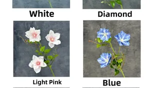3D printed artificial clematis flowers in white, pink, and blue for home wedding decor
