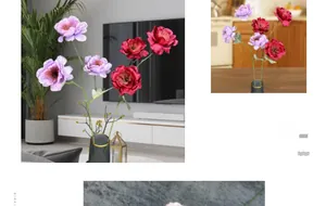 Detailed view of artificial purple and crimson peonies for modern home floral decor