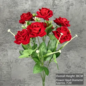 Artificial 7-head red velvet rose bouquet for wedding decor, 38cm tall with 7cm heads