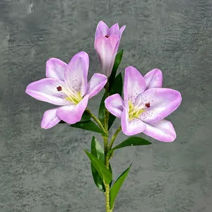 Realistic 3D touch artificial lily with 2 blooms and 1 bud, height 75cm in soft purple