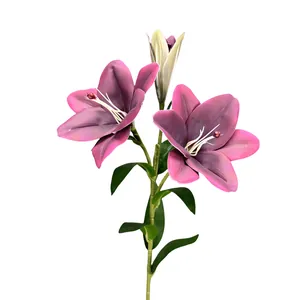 Artificial 3D lifelike lily with two pink blooming heads and one green bud