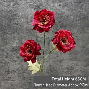 Artificial 3-head red gardenia flower branch, 65cm height for wedding home decor