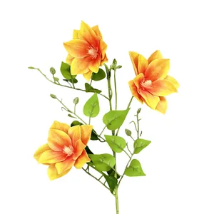 3-head 3D printed clematis floral branch with orange gradient petals and green leaves