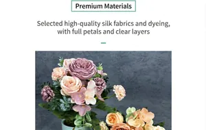 Dettaglio di bouquet di rose e peonie artificiali in seta pregiata in un vaso ceramica