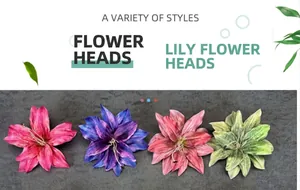Detail of colorful artificial lily flower heads in pink, purple, blue and green colors