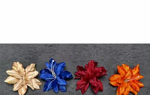 Detailed view of artificial lily flower heads in four colors with lifelike stamens