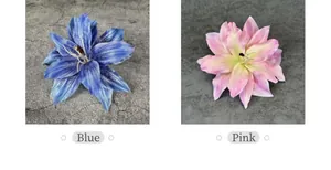 Detail view of handmade artificial lily flower heads in blue and pink fabric textures