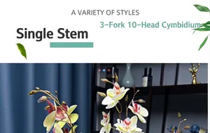 Macro shot of 10-head artificial 3D Cymbidium orchid branch with realistic yellow-red petals