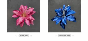 Detailed view of artificial lily flower heads in vibrant rose red and royal blue colors