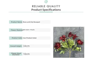 Detail of faux rose and lily bouquet with dimensions 34cm height and 10cm flower diameter