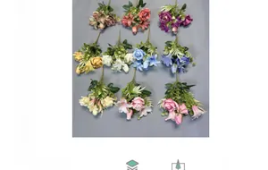 Close-up of artificial rose and lily bouquets in nine vibrant colors for home decor
