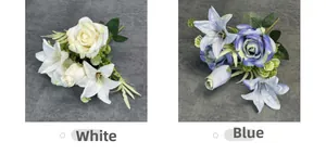 Detail view of artificial rose and lily bouquets in white and blue color options