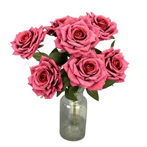 Deep pink artificial 7-head rose bouquet in clear glass vase for home wedding decor