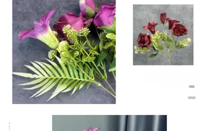 Detail of faux rose and lily bouquet with purple silk petals and realistic greenery