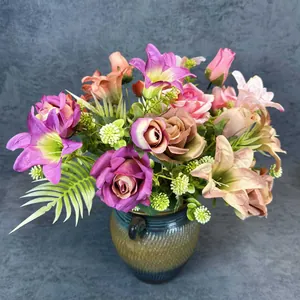 Artificial Rose Lily Flower Bouquet Satin Fabric Fake Flowers For Home Wedding Decoration Pastoral Style Floral Arrangement