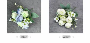 Close-up of blue and white silk peonies with realistic petals for wedding decor