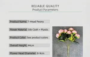 Vista dettagliata di un bouquet di 7 peonie in seta con dimensioni e petali rosa