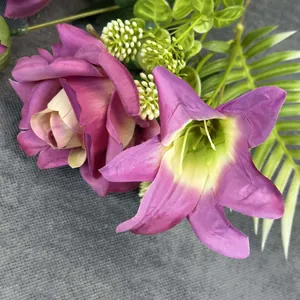 Artificial purple rose and lily bouquet with green leaves for home wedding decoration
