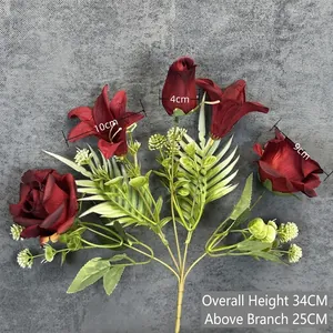Pastoral artificial bouquet with deep red roses and lilies, 34cm height home decor