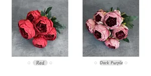 Dettaglio di bouquet di peonie artificiali in seta nei colori rosso e viola scuro