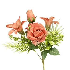 Artificial rose and lily bouquet with vintage pink petals for home wedding decoration