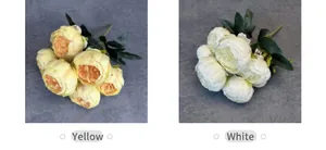 Dettagli dei bouquet di pivoine in seta gialla e bianca a 7 teste per decorazioni nuziali
