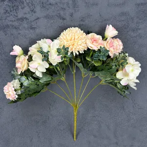 Artificial 7-prong rose and hydrangea bouquet in pink and cream, 30cm height decoration