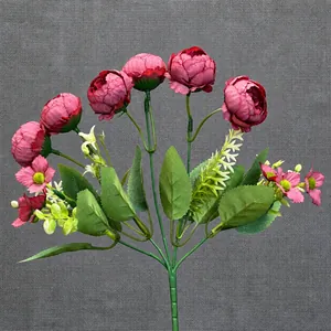 Artificial 5-fork pink peony bouquet, 30cm height with 5cm diameter flowers and green leaves