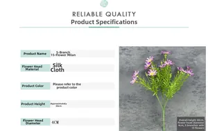 Detailed size specifications for 15-head purple artificial daisy silk flower bouquet
