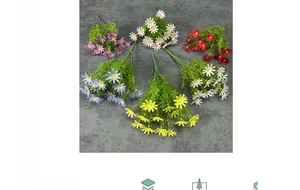 Flat lay of artificial daisy bouquets in six vibrant colors for home floral decoration