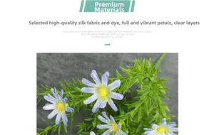 Detail of silk fabric artificial daisies in light blue with realistic yellow stamens