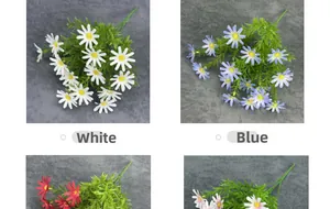 Detailed comparison of white and blue artificial daisy silk flower bouquets