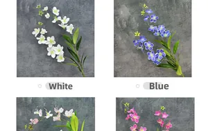 Detailed grid view of 3D printed jasmine flowers in white, blue, and pink colors
